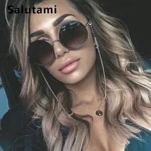 Шикарные женские солнцезащитные очки без цепей, сплав,, роскошный бренд, Ретро стиль, черные сексуальные Круглые Солнцезащитные очки для женщин, без оправы