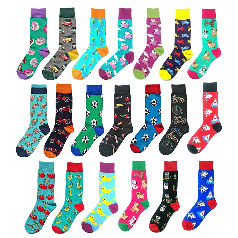 

PEONFLY Combed Cotton Men's Socks Harajuku Colorful Happy Funny Cartoon Shark Cherry Bicycle Socks Motion Cotton Socks For Male