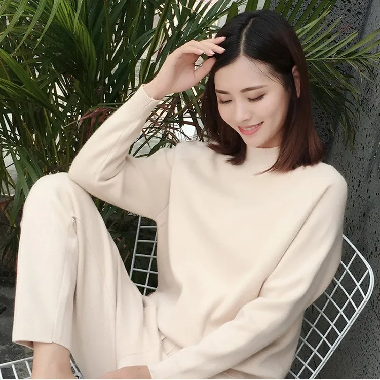 Cashmere Cotton Wool Blend Thick Knit Women Fashion Sweatshirts Tracksuit Pullover And Pants 2 Piece Set