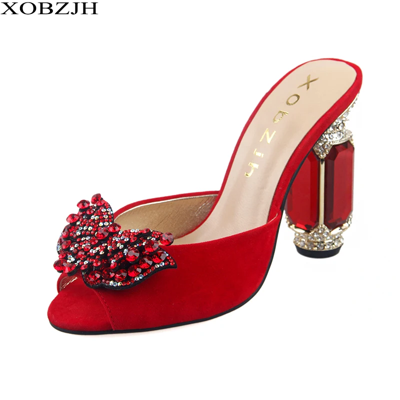 

Brand Shoes Designer Summer Sandals Women Luxury 2019 High Heels Rhinestone Red Black Green Sandals Block Heel Party Shoes Woman
