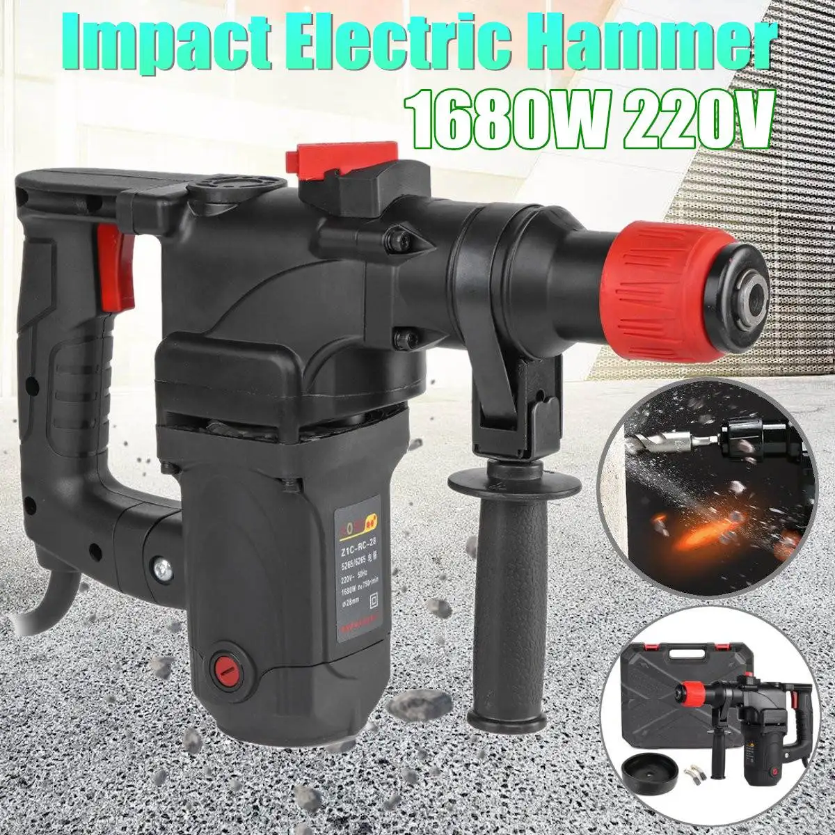 

1680W 220V Heavy Impact Electric Hammer Concrete Breaker Industrial Power Tools For Square Drill 360D Rotary Sub-handle
