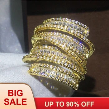 

Luxury Big ring Yellow Gold Filled Engagement wedding band rings for women T shape AAAAA zircon crystal 925 silver Bijoux Gift