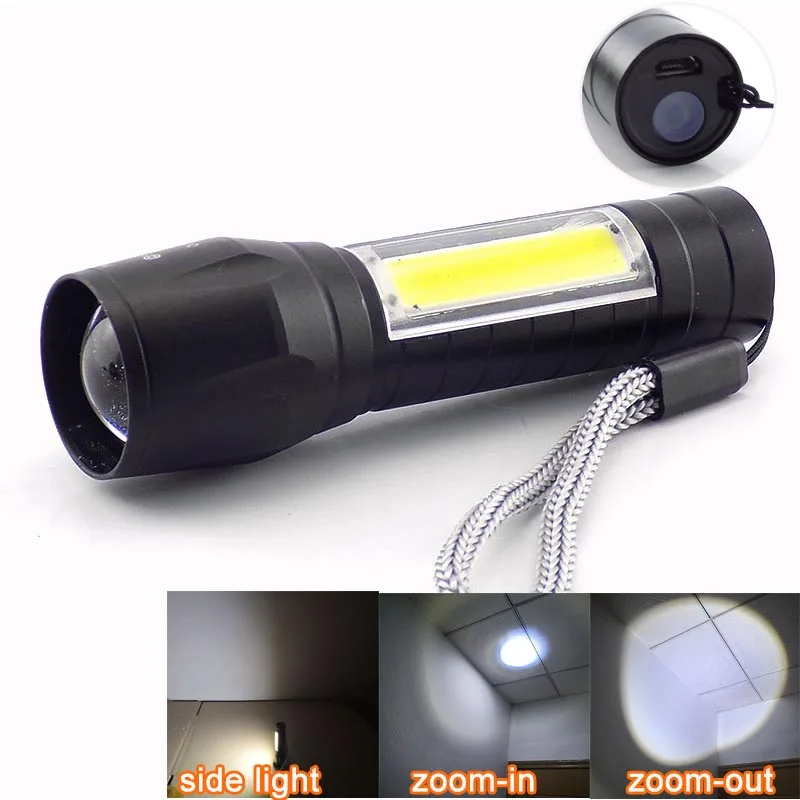 

2 way LED COB Q5 Flashlight Torches Camping USB Rechargeable Lighting Portable Flash light Lamp 4 Modes Zoom Mini Work Light