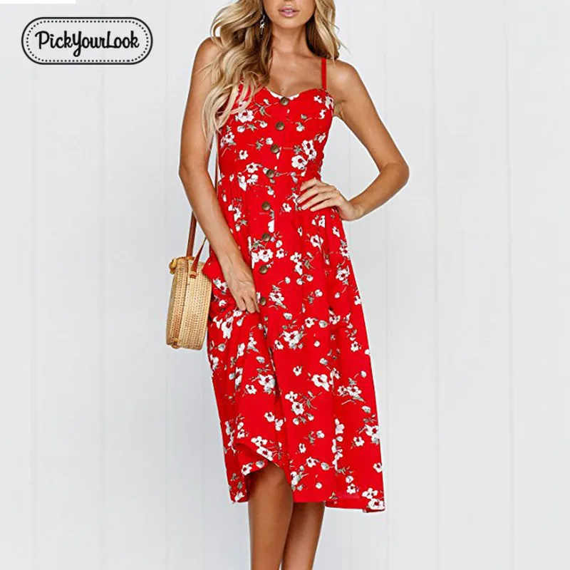 

Pickyourlook Women Dress Sleeveless Summer Button Beach Midi Female Dress For Lady Spaghetti Strap Fashion Print Dress Vestidos