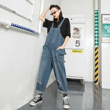 Джинсовые комбинезоны на молнии; большие размеры; комбинезон; широкие брюки с дырками; джинсы мешковатые ковбойские брюки на подтяжках; Комбинезоны для бойфренда