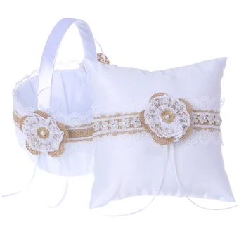 

Wedding Burlap Lace Ring Pillow & Flower Girl Basket Sets
