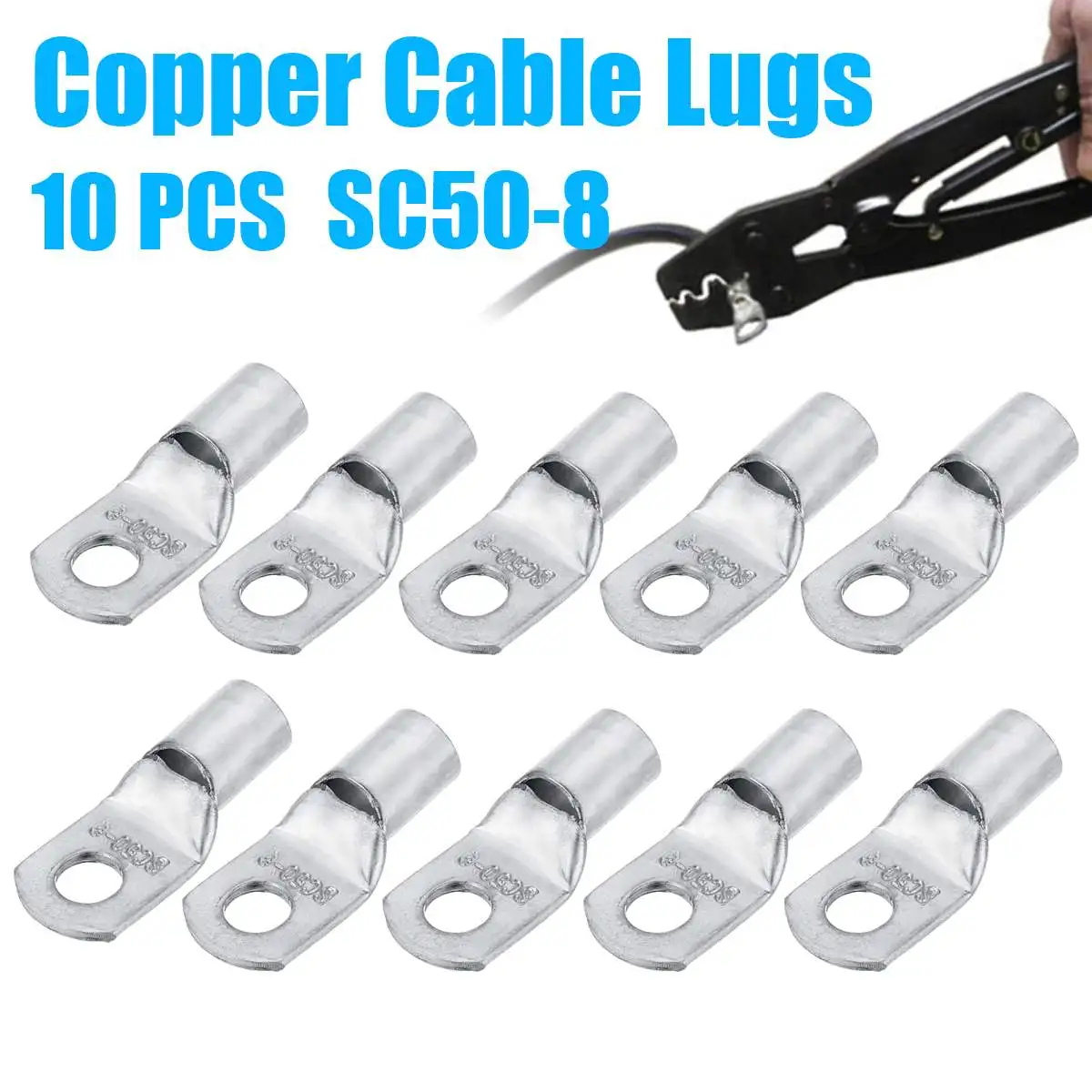 

10Pcs Cable Lugs Set Terminal SC50-8 Silver Copper Connector for Electrical Battery Welding Wire Terminal 1/0 AWG Hole 8mm