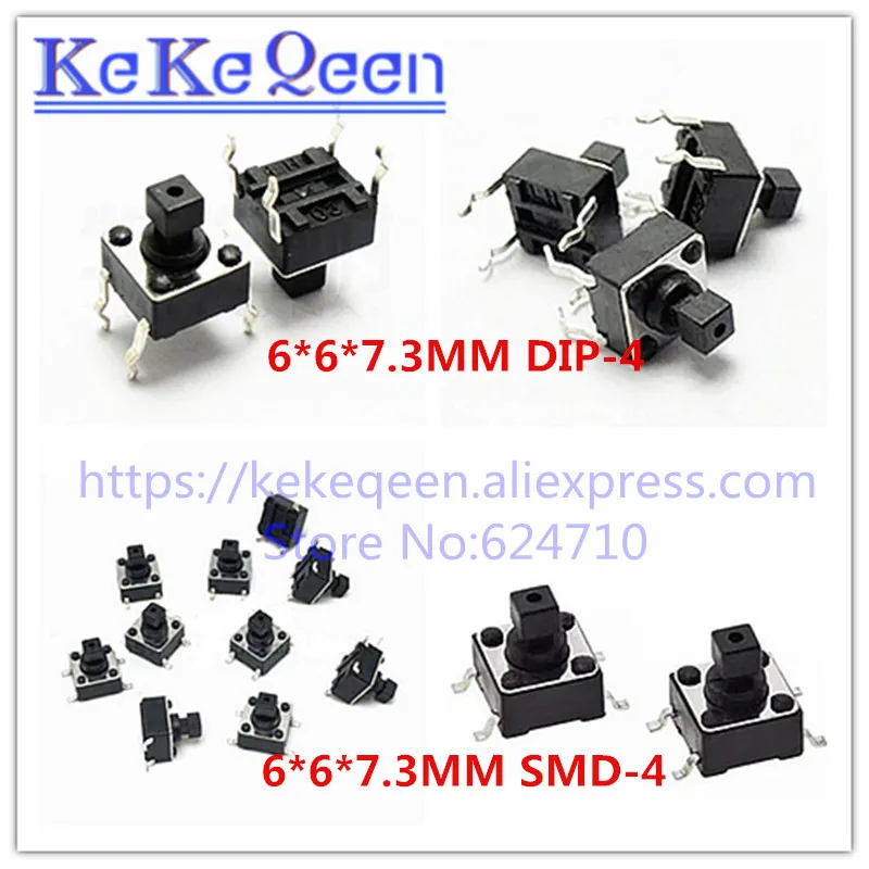 

1000pcs 6*6*7.3MM Square Head 6*6*7.3 H 4 pin DIP / SMD Micro Touch Switch Button Switch DIP-4/SMD-4 induction cooker 6x6x7.3 mm