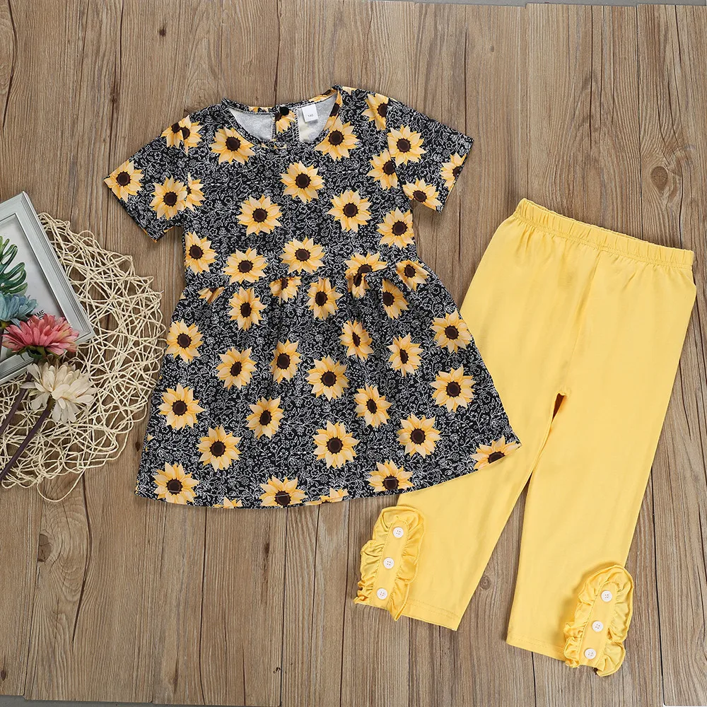

2Pcs New Baby Girl Summer Sun Flower Pack Short Sleeves Cats Shirt + Broek Princess Summer Casual Sun Flower Print 2 Sets
