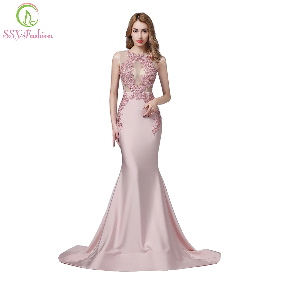 

SSYFashion New Luxury Pink Satin Mermaid Evening Dress High-end Lace Beading Sexy Fishtail Prom Formal Gown Reflective Dress