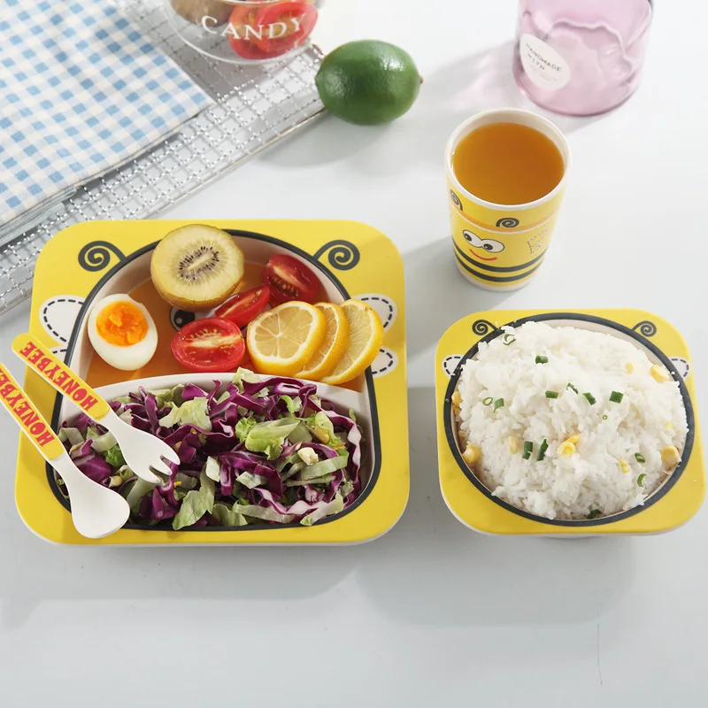 

Bamboo Fiber Children Tableware Set Creative cartoon wan Sub-Grid Plate Spork Cup Five Pieces Set Gift Tableware