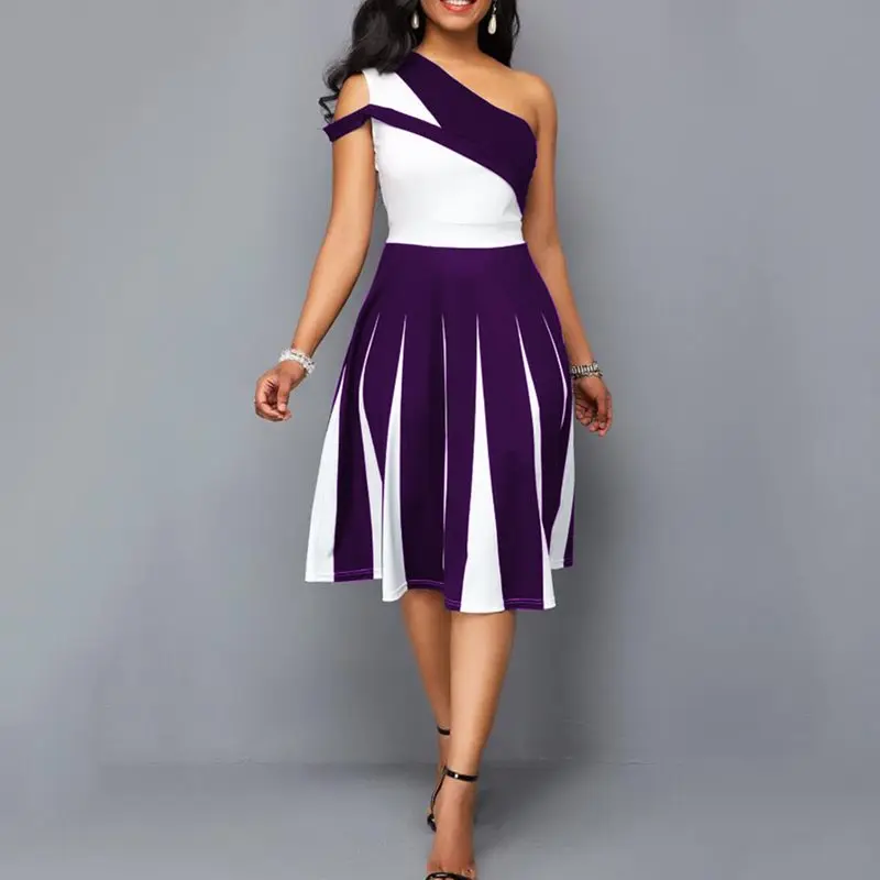 

Summer Sexy Party Dress Women One Shoulder Color Block Elegant Evening Black Plus Size 4XL Female A Line Purple Midi Dresses 5XL