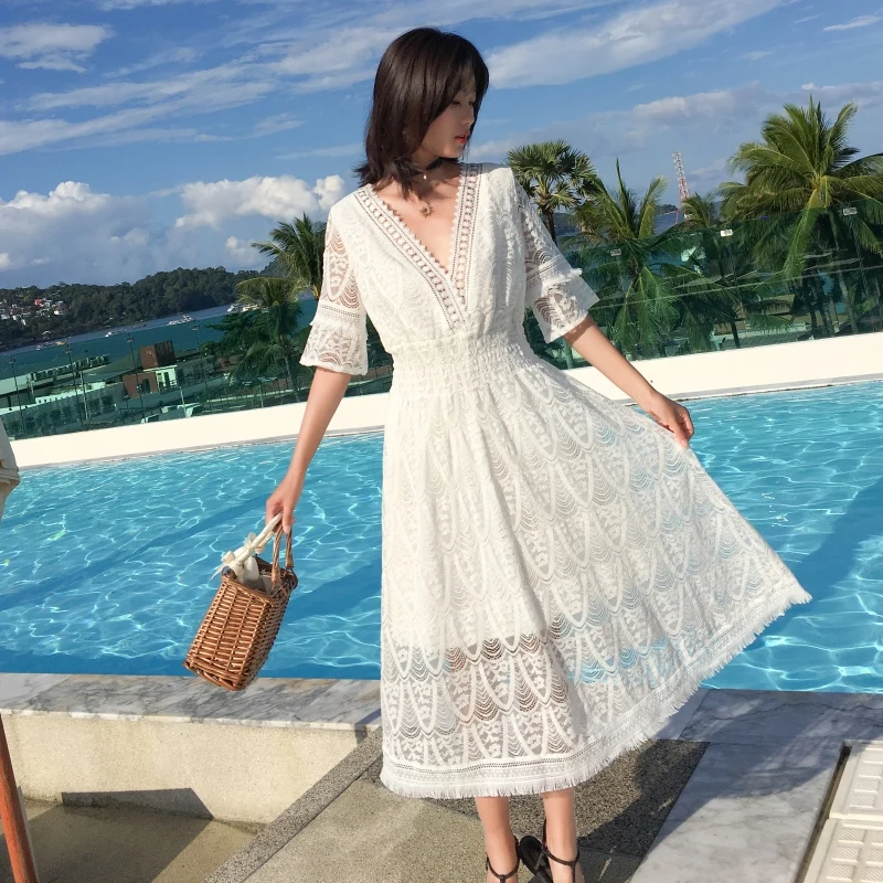 

Female Hollow-Out Temperament Summer Dress Korean Fashion Women Short Sleeve White Lace Long Dresses Womens Clothes