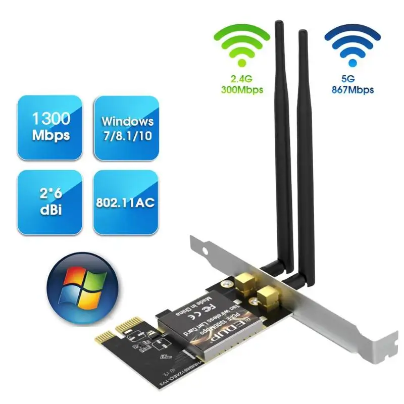 

Dual-Band 1300Mbps PCI-E wireless WiFi adapter 802.11 AC PCI Express network card 2.4/5GHz High Gain 2*6dBi Antennas
