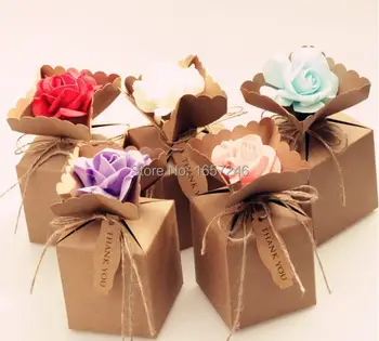 

100pcs/lot Creative Kraft DIY Vintage paper Candy Boxes Gift Bag with rose Flower Chocolate Packaging Party Wedding Decoration