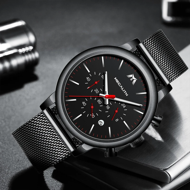 

MEGALITH Men's Waterproof Steel Mesh Strap Analog Quartz Wrist Watches Sport Chronograph Watch Men Gift Clock Relogio Masculino