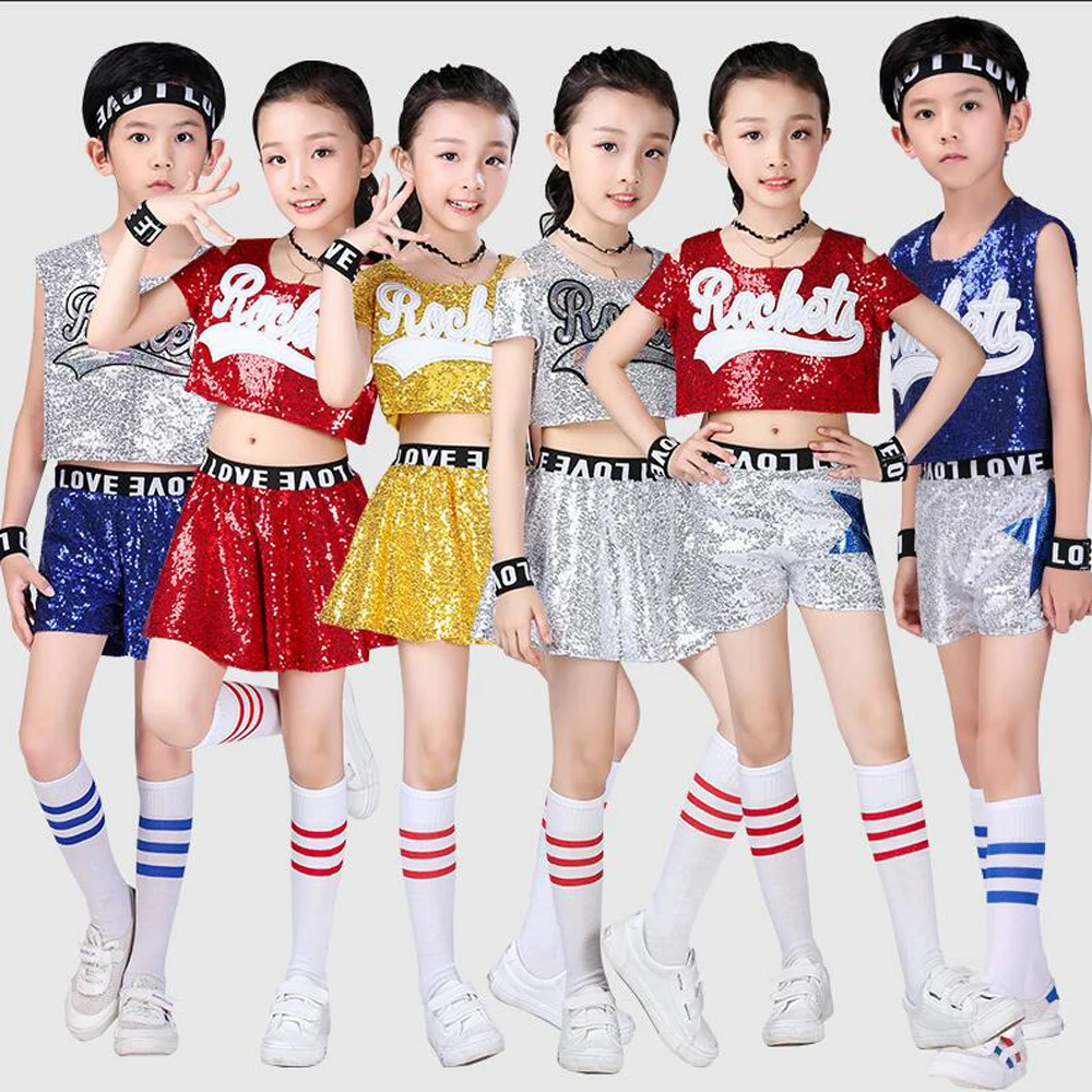 Обувь для девочек мальчиков блестками костюмы бальных танцев джаз хип хоп костюмы для танцевальных конкурсов рубашка Топы и штаны детские