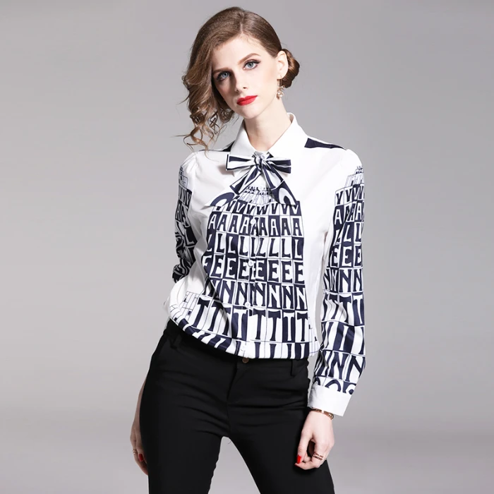  Merchall High Quality Runway Blouse Women Designer Turn Down Collar Shirts Elegant Tie Letter Print