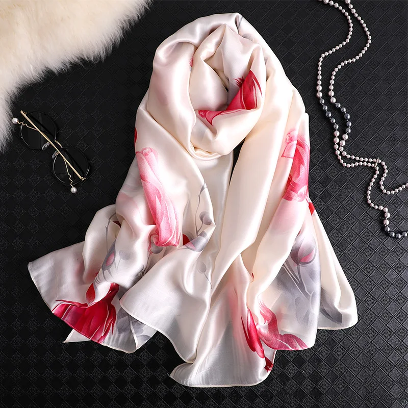 

Fashion Rose Print Silk Scarf Women Long Bandana Foulard Femme Luxury Wraps and Shawls Silk Pashmina Hijab Scarves Bufanda Mujer