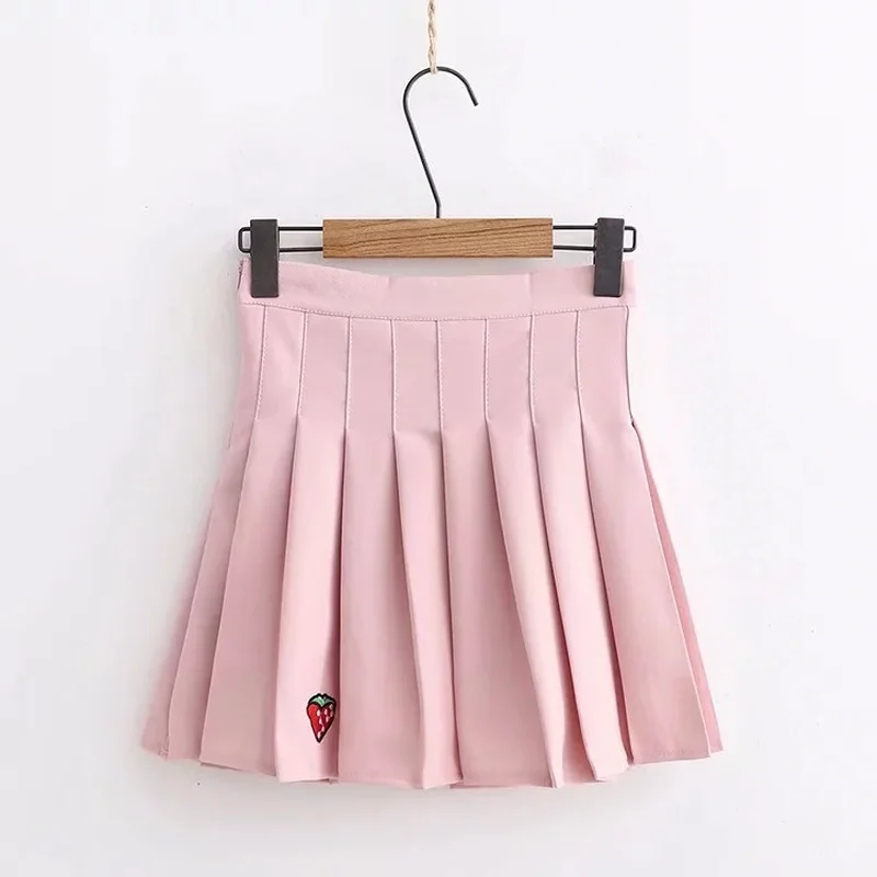 Мори девушка свежий стиль осенние юбки для женщин Новое искусство клубника вышивка одноцветная Милая плиссированная мини юбка женская Kawaii Saias