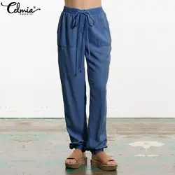 2019 Celmia для женщин эластичный пояс дамские шаровары с карманами повседневные свободные джинсы твердые женские джинсовые брюки длинные