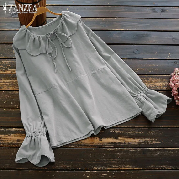 

Stylish Spring Tops Women Ruffle Blouse ZANZEA 2019 Casual Summer Blusas Female Long Sleeve Shirts Plus Size Lace Up Chemise Tee