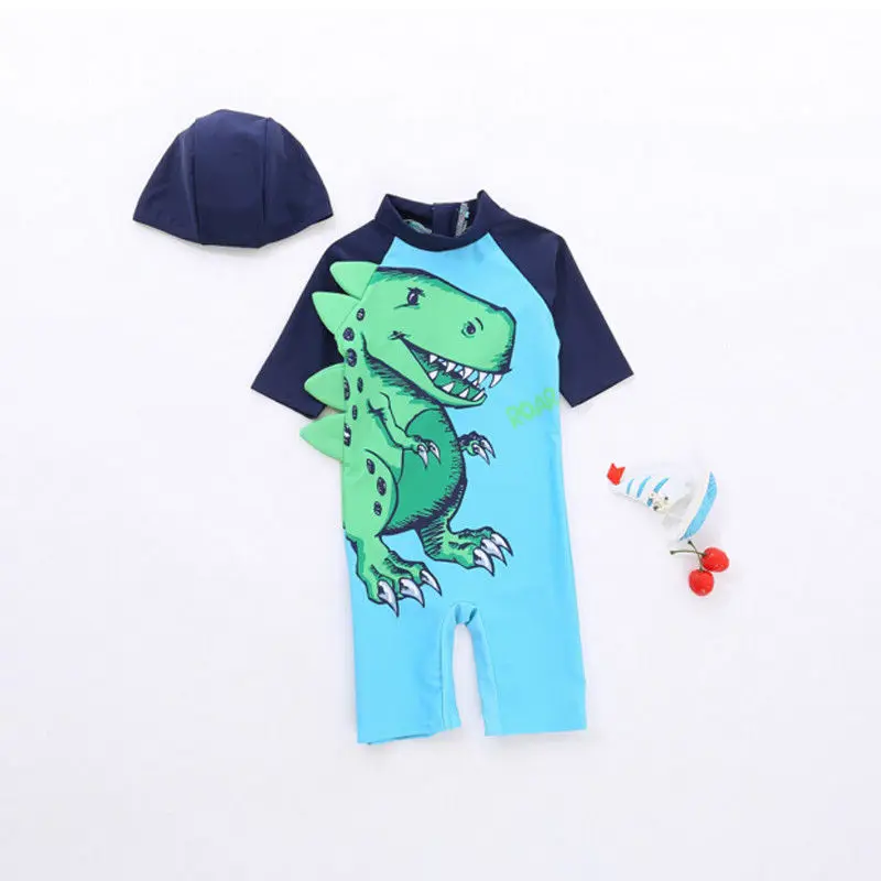 

Summer 2PCS Baby Kids Boys Sun Protective Short Sleeve Swimwear Rash Guard Costume Dinosaur Bathing Suits Romper+Swimming Hat