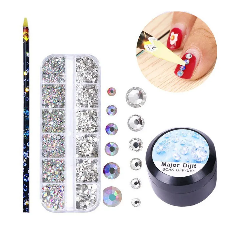 

200pcs DIY Crystals Nail Art Set Decorations Nails Manicure Rhinestones Beads AB Flatback Charms Gems Stones with Pen & Glue
