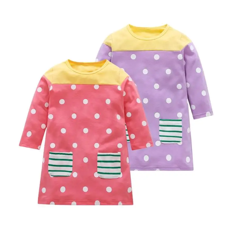 

Kids Polka Dot Long Sleeve Dress Splicing Color Pockets Girl Party Dresses