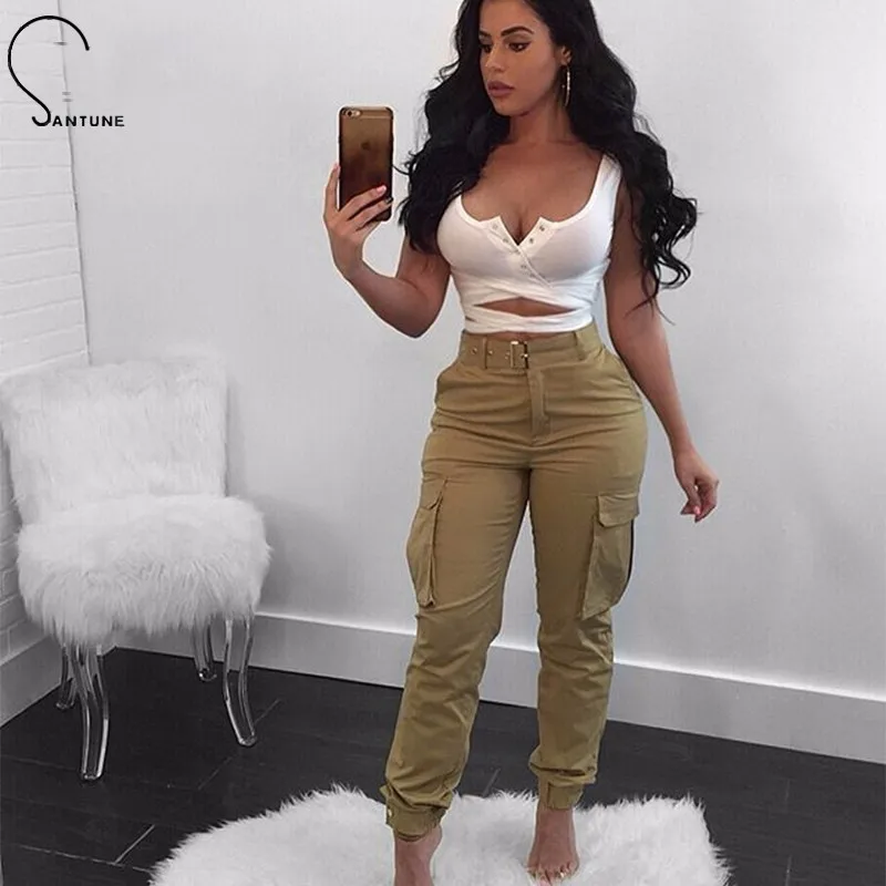 

Santune New Leisure Pant Fashion Zipper Pants Women Elegant Lady With Pockets Sashes Elastic Solid Color Women Pencil Trousers