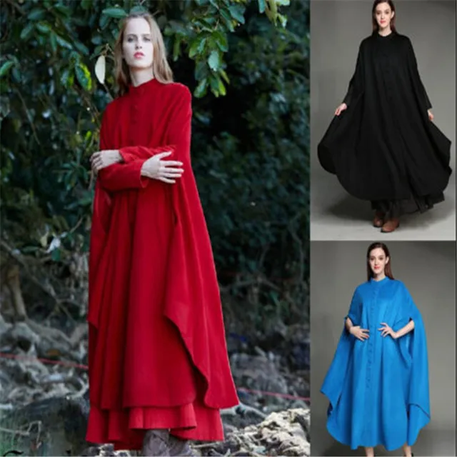 Disc Fashion  Women's New Solid Cotton Loose Button Open Front Long Sleeve Longline Cape Blazer Jacket Cloak