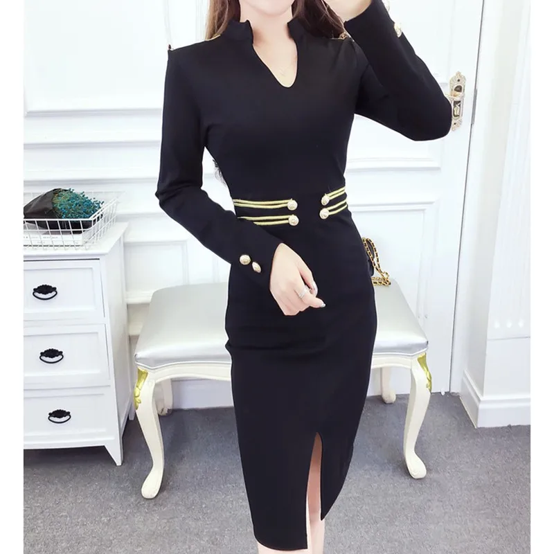 

Sexy V Neck Gold Button Double Breasted Bandage Dress Women Long Sleeve Spring Bodycon Open Fork Pencil Dress Black Office Lady