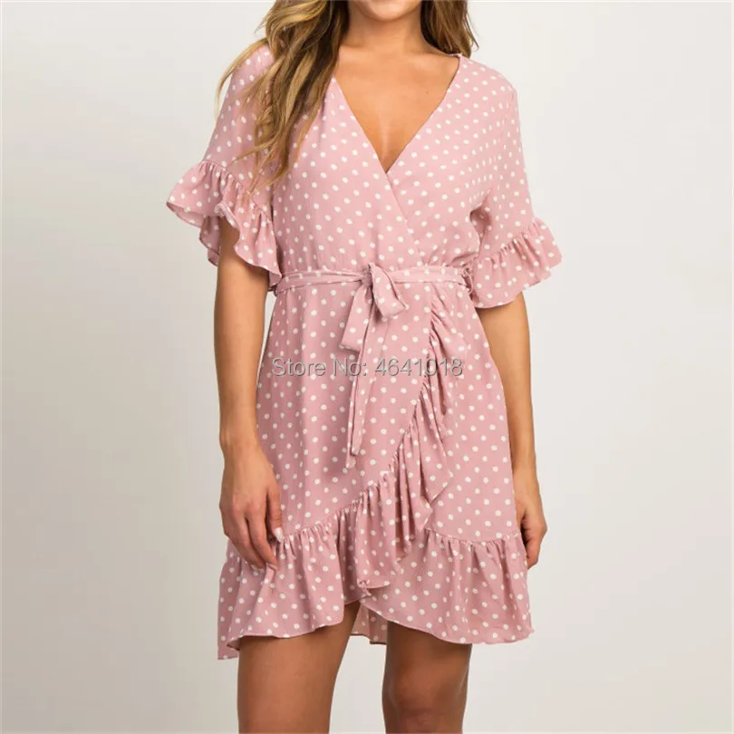 

Asymmetrical Pleated Ruffles Polka Dot Dress Women 2019 Summer Dress Ladies Sexy V-Neck Casual Loose Short Beach Dress Female