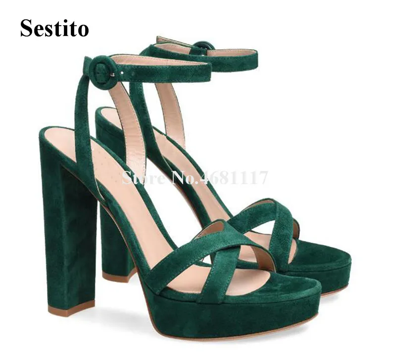 

Women Elegant Fashion Open Toe Suede Leather High Platform Sandals Pink Black Green Ankle Strap Sandals Dress Shoes Heels