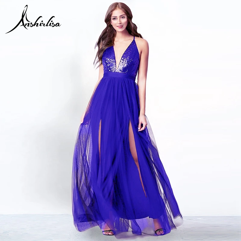 

Anshirlisa Women's Prom Dress A Line Slit Deep V Neck Tulle Illusion Sequin Sexy Backless Cocktail Party Elegant Gala Gown