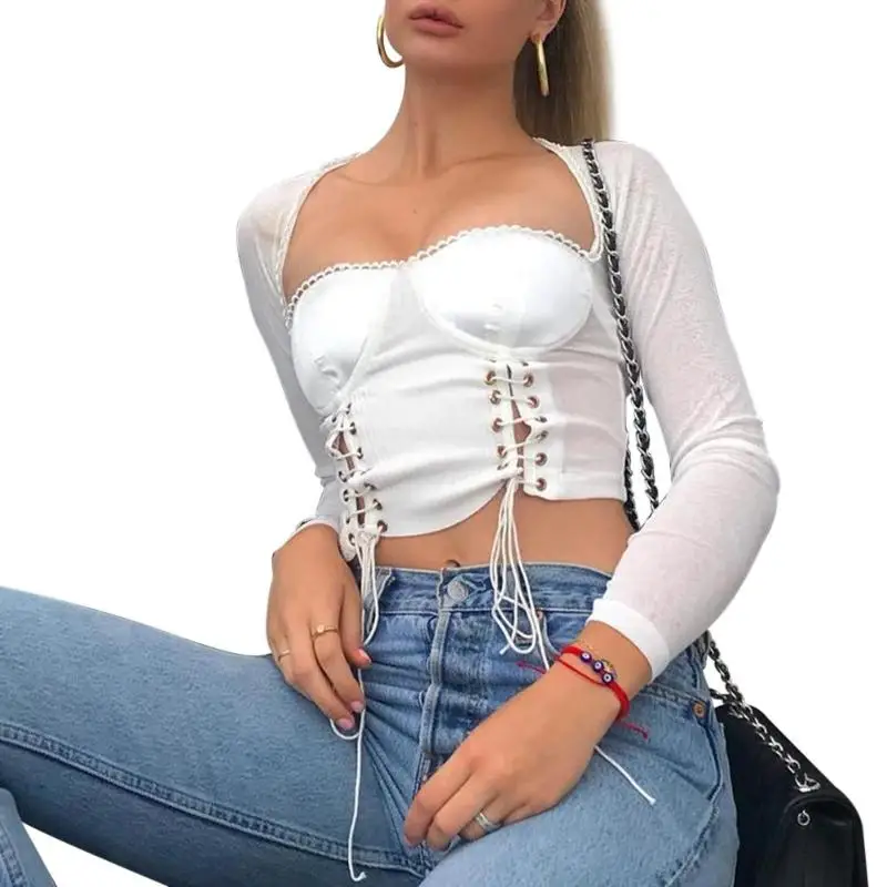 

Popular Sexy Bandage Long Sleeve Crop Tops Women Sexy Shirt Square Neck Slim Long Sleeve Hollow Solid Color Crop Tops 2019