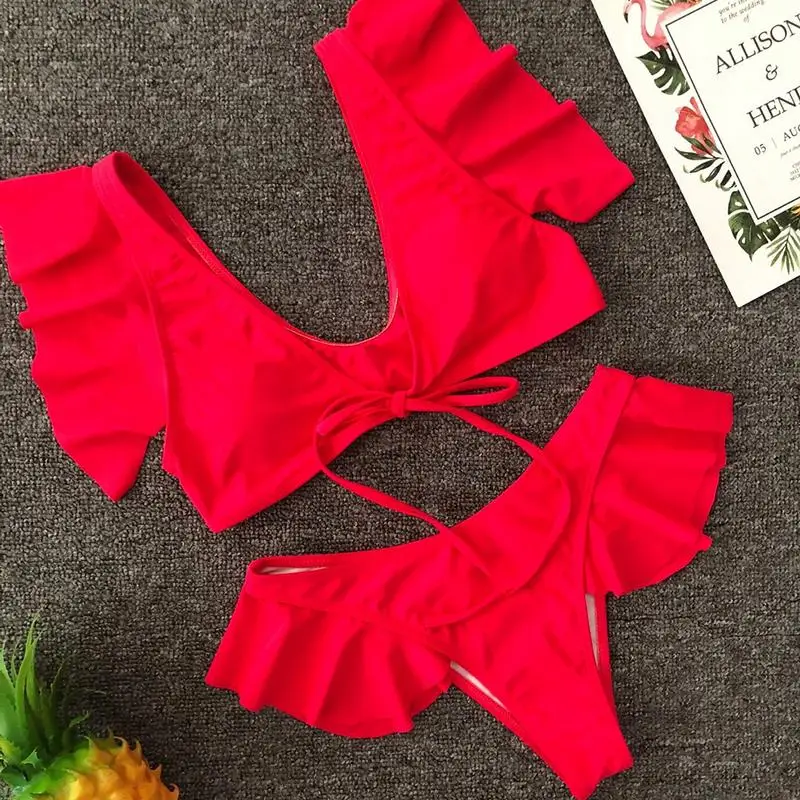 

Women Two Piece Off Shoulder Swimsuit Ruffled Flounce Bandage Bikini Top Low Waist Bottoms Beach Swimwear Bathing Suit