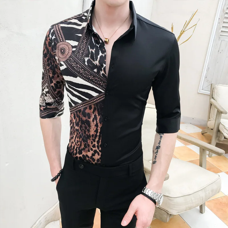 Повседневные мужские рубашки Slim Fit в Корейском стиле из лоскутного материалов с коротким рукавом рубашка социальной Chemise Homme, для ночного клуба, уличная мода, вечеринки, для смокинга