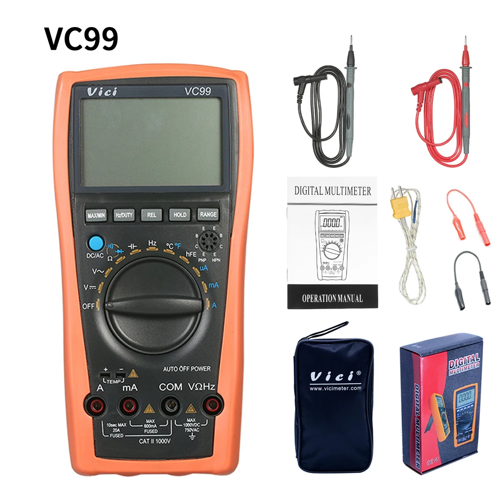 

VC99 Digital Multimeter Digital Multimetro Auto Range 1000V DC AC Resistance Tester Digital Voltmeter Ammeter Capacitance Diode