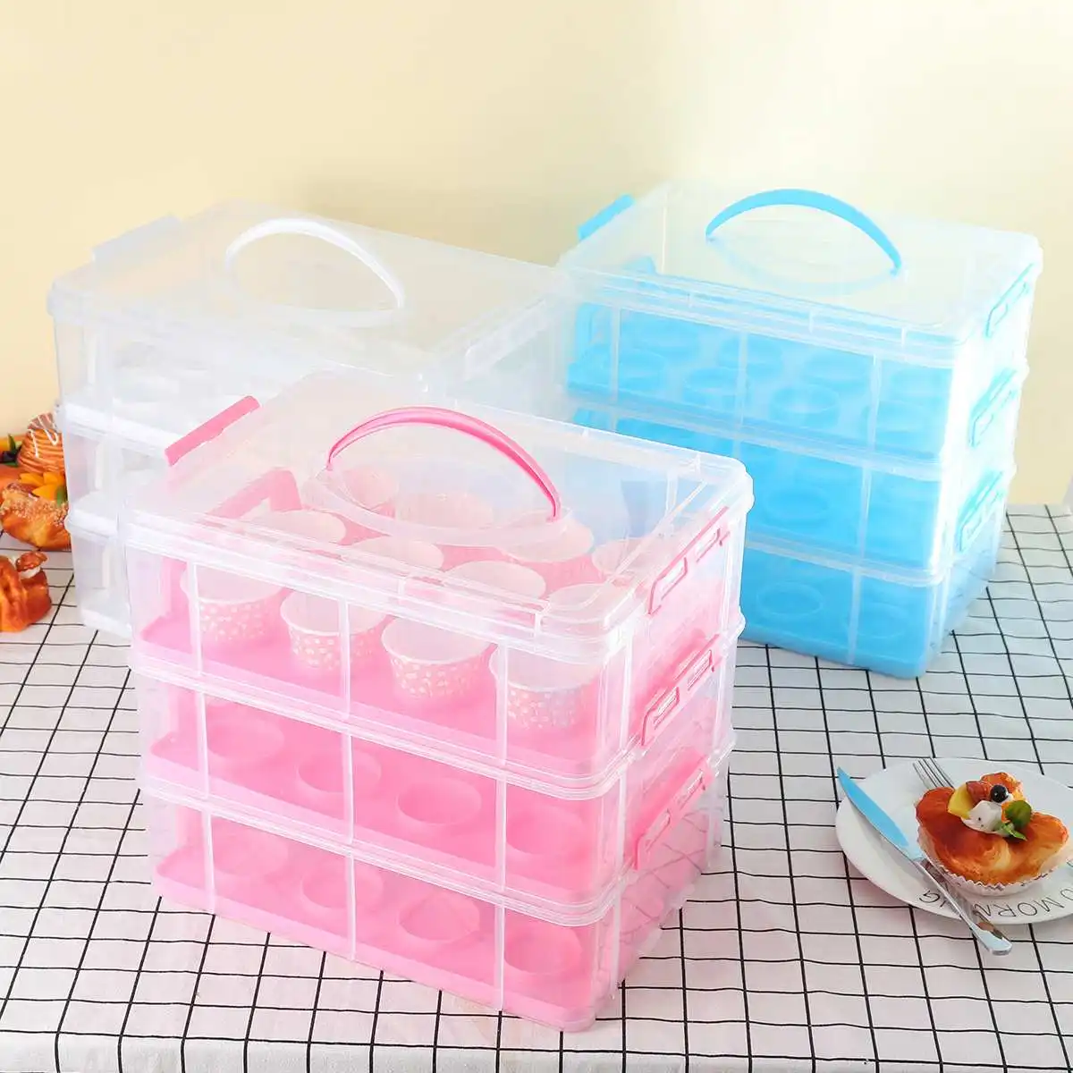 

36 Pieces 3 Tiers Cupcake Storage Box Organizer Cake Carriers Adjustable Snap Cupcake Holder Container Stackable Portable