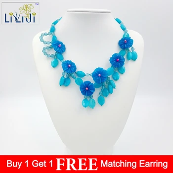 

Lii Ji Dye Blue Color Jade Beads Flowers with Jade Toggle Clasp Necklace