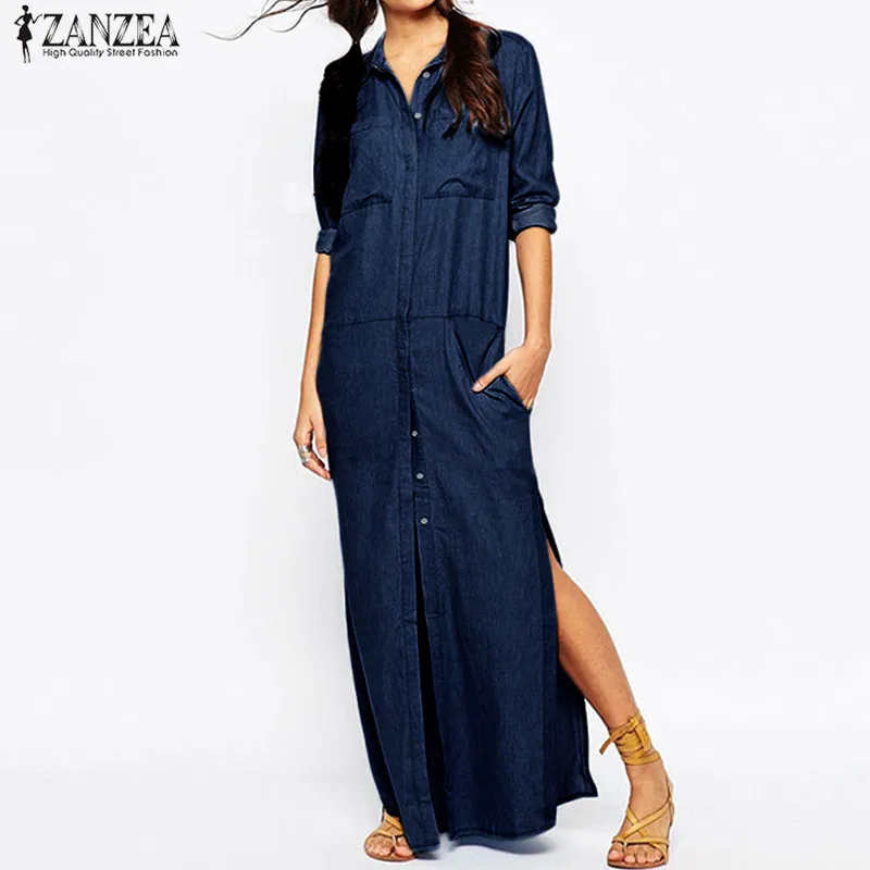 

ZANZEA Oversized Womens Fashion Denim Blue Maxi Long Casual Shirt Dress Loose Lapel Collar Long Sleeve Split Dresses Vestidos