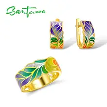 SANTUZZA, ювелирный набор для женщин, 925 пробы, серебряный, ручной работы, яркий эмалированный с цветами, Белый CZ, кольцо, серьги, набор, модное ювелирное изделие