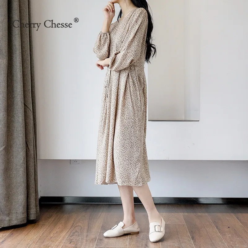 Cherry Chesse Винтаж платья в цветах шифон кружево до Империя середины икры платье