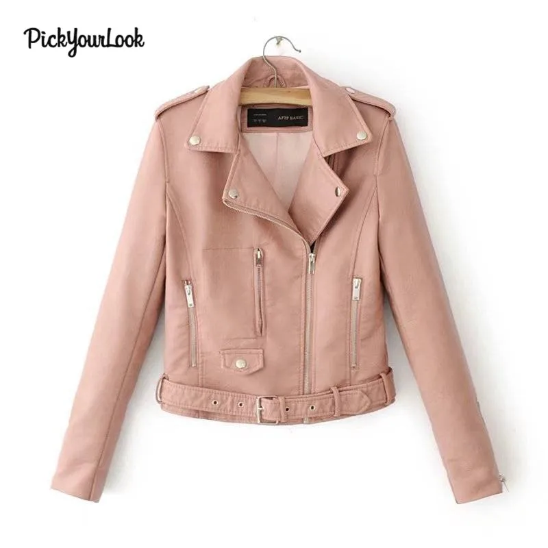 PickYourLook Women PU Jackets Slim Fit Motorcycle Jacket Cool Hip Hop Punk Style Short Outwear Clothes Zipper Pockets Jackets