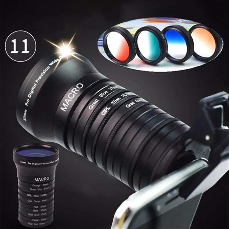 

Universal 11 In 1 Upgrade Camera Lens kit Wide Angle Macro Phone Lens CPL Polarizer Gradient Filter With Clip Optica Fishing eye