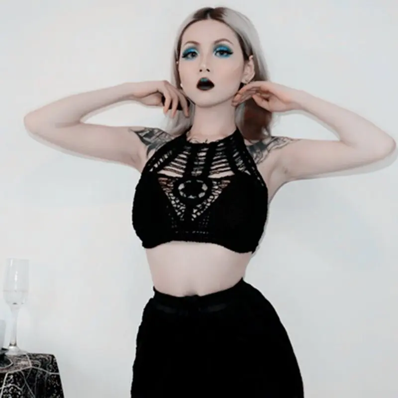 

Summer Sexy Club Punk Black Travel Beach Gothic Chic Women Tops Black Hip Hop Halter Hollow Mesh Streetwear Goth Female Tops