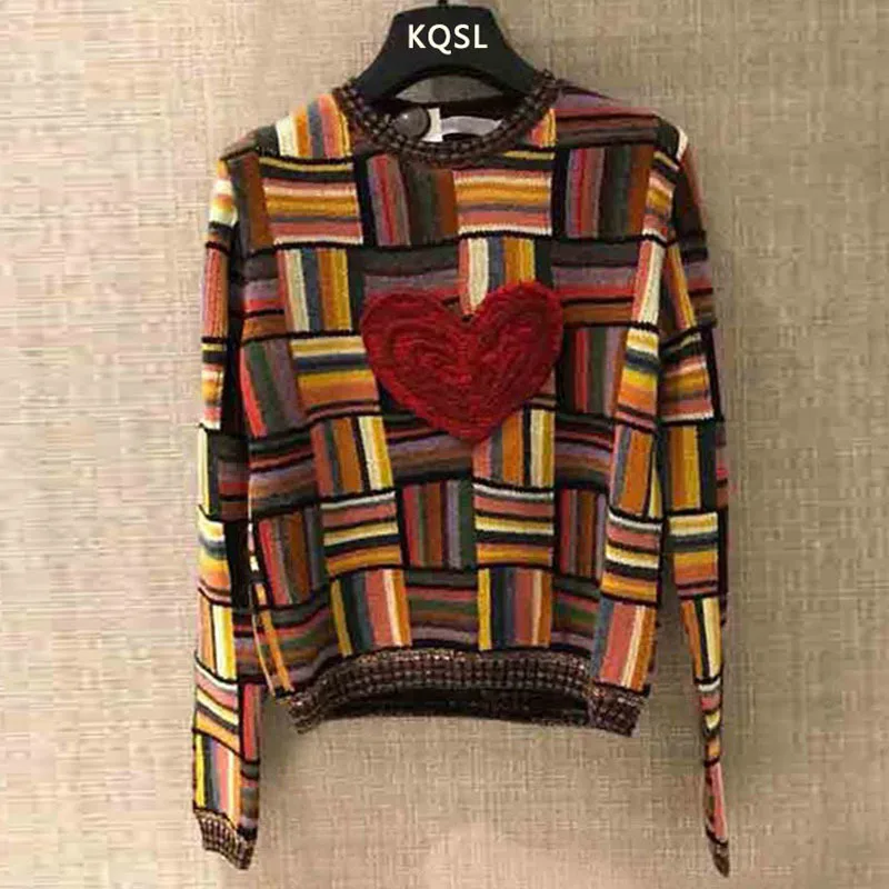 Вязанный женский свитер с вышивкой в виде сердца для подиума, пуловер в радужную полоску с длинным рукавом, осенне-зимняя одежда для женщин