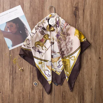 

100% Silk Twill Scarf Women Shawl Headband Hijab Kerchief Scarves Poncho Foulard Beautiful Knight Horse Pattern 90*90cm