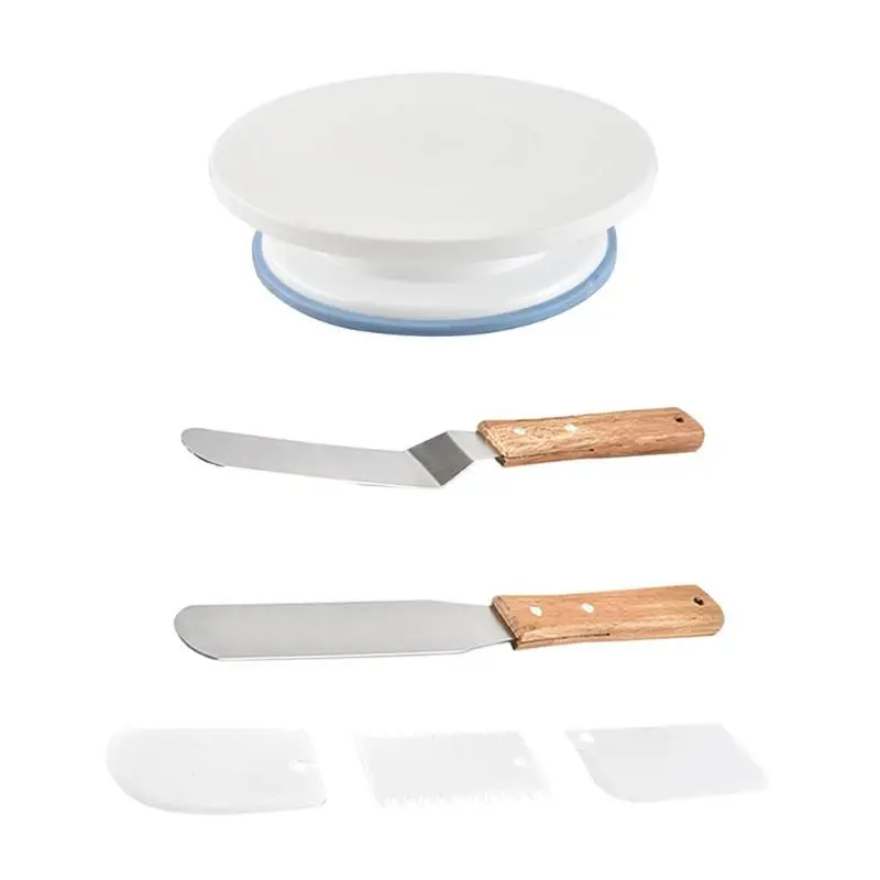 

6pcs/set Manual Round Plastic Cake Plate Turntable Shovel Spatula Rotating Cake Stand Anti-skid Baking Tools